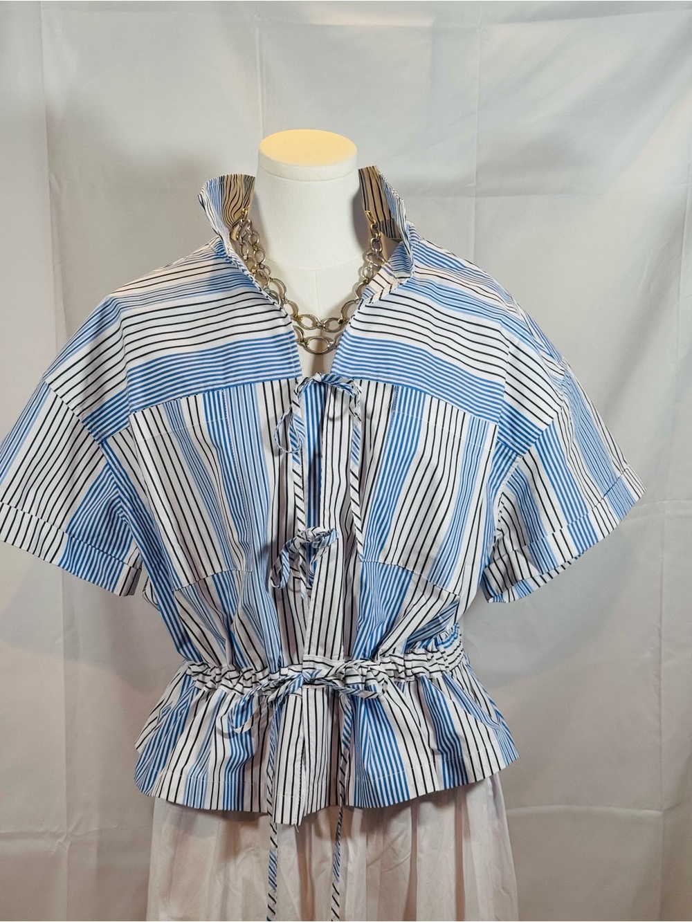 NWT - Striped Blue and White Tie-Front Cotton Blouse